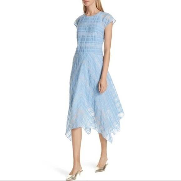 Lewit Womens Sheer Handkerchief Hem Plaid Crew Neck Midi Dress Light Blue Silver - Picture 2 of 12